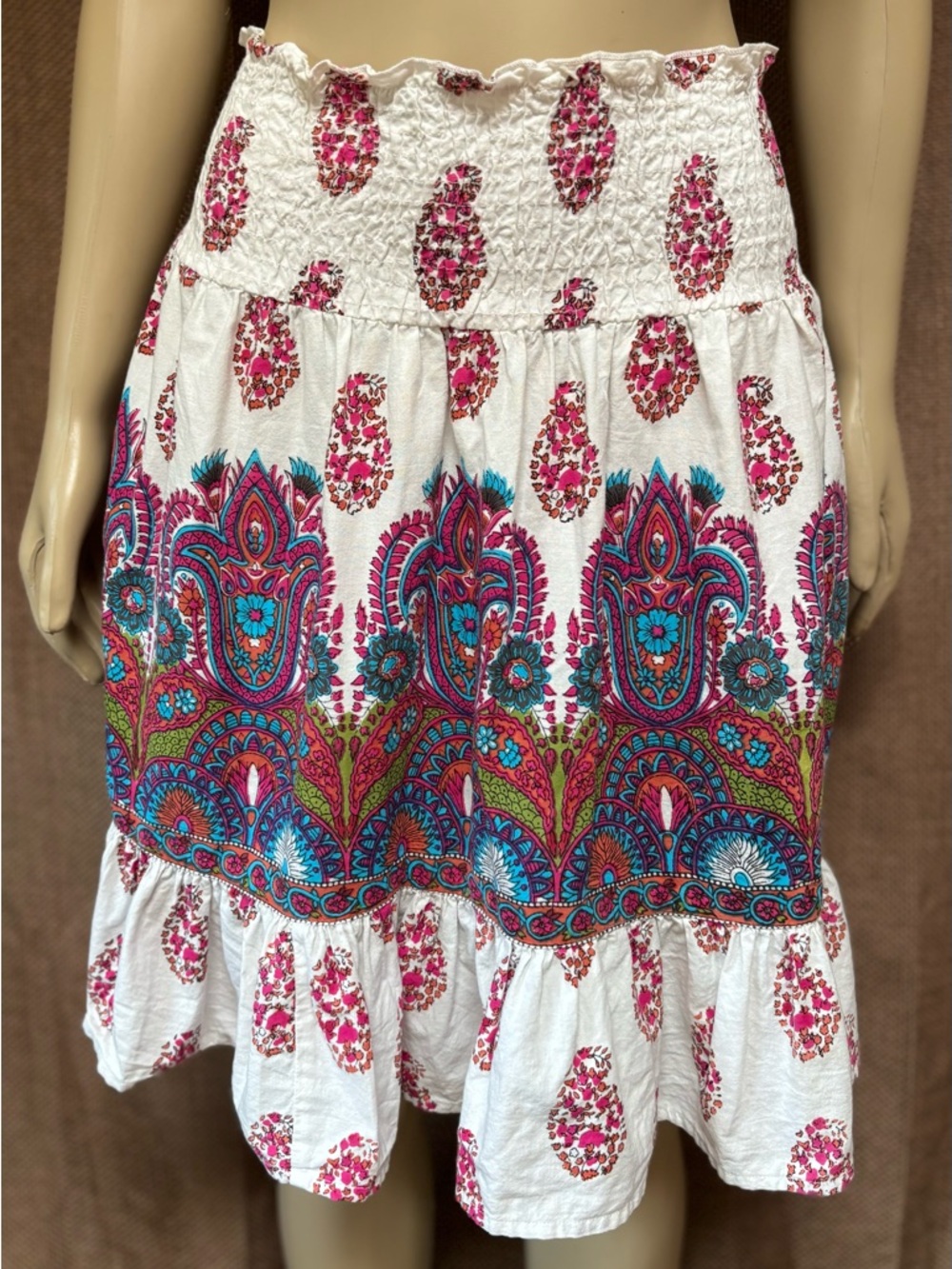 Derek Heart White Mini Skirt with Pink and Teal Paisley Border